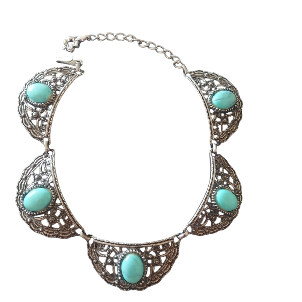 Vintage 20-50s  Art Deco Aqua Cabochon Silvertone Necklace Read Description